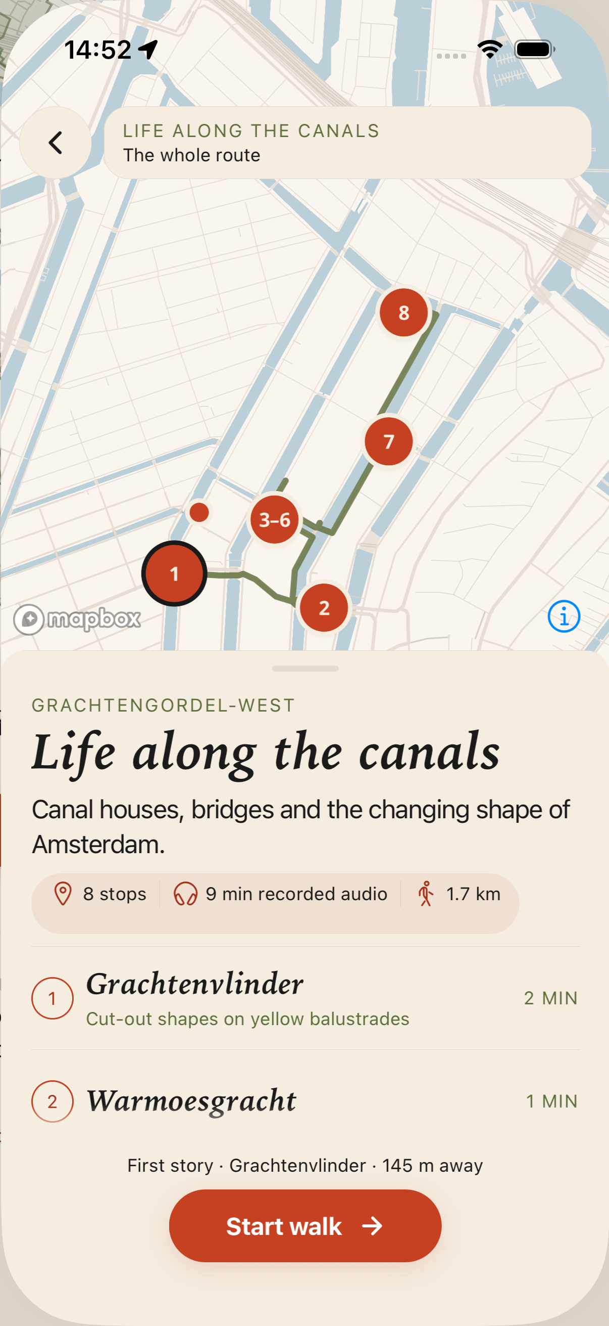 Life along the canals: a themed Amsterdam walk showing a route map, eight stops and a Start walk button.
