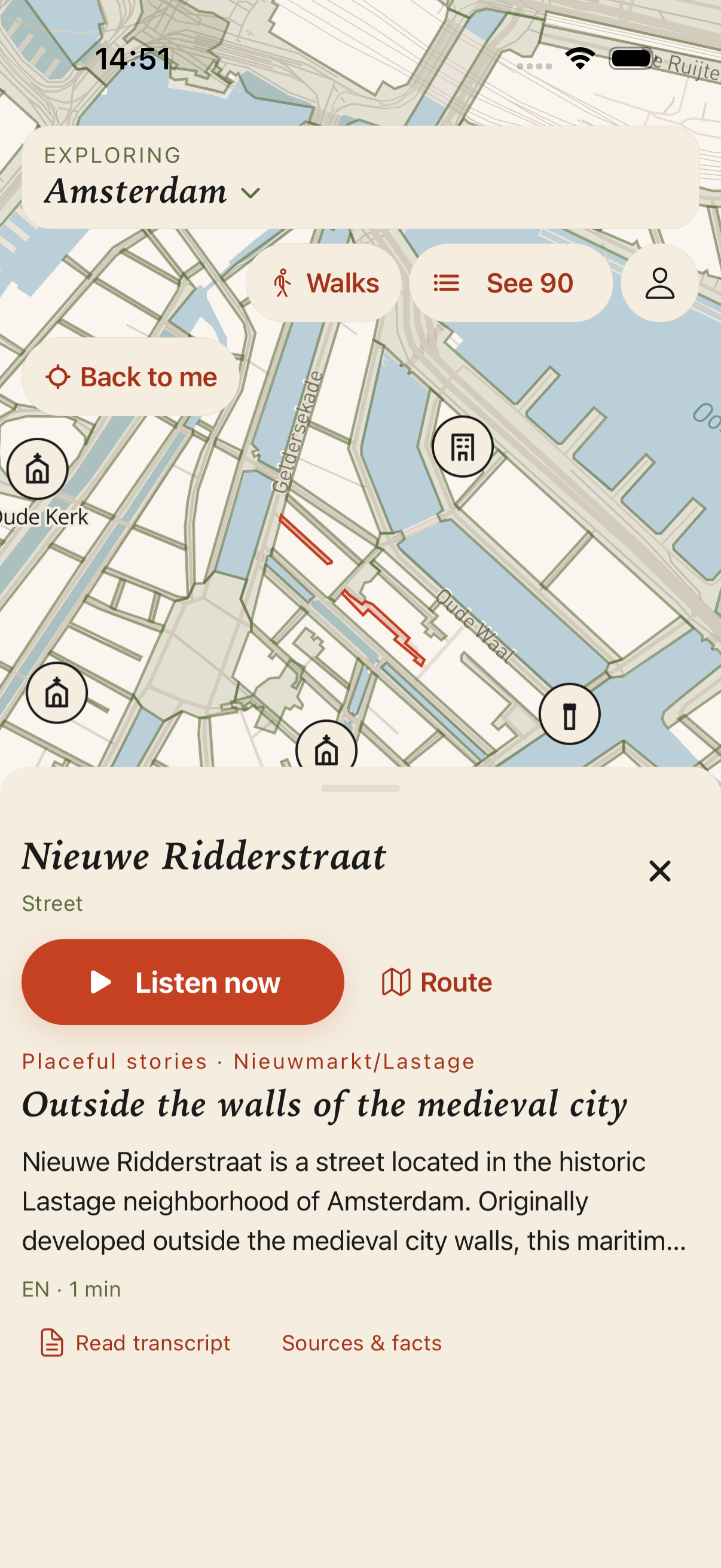 Placeful's Amsterdam map with a selected place, its story, and Listen now and Route buttons.