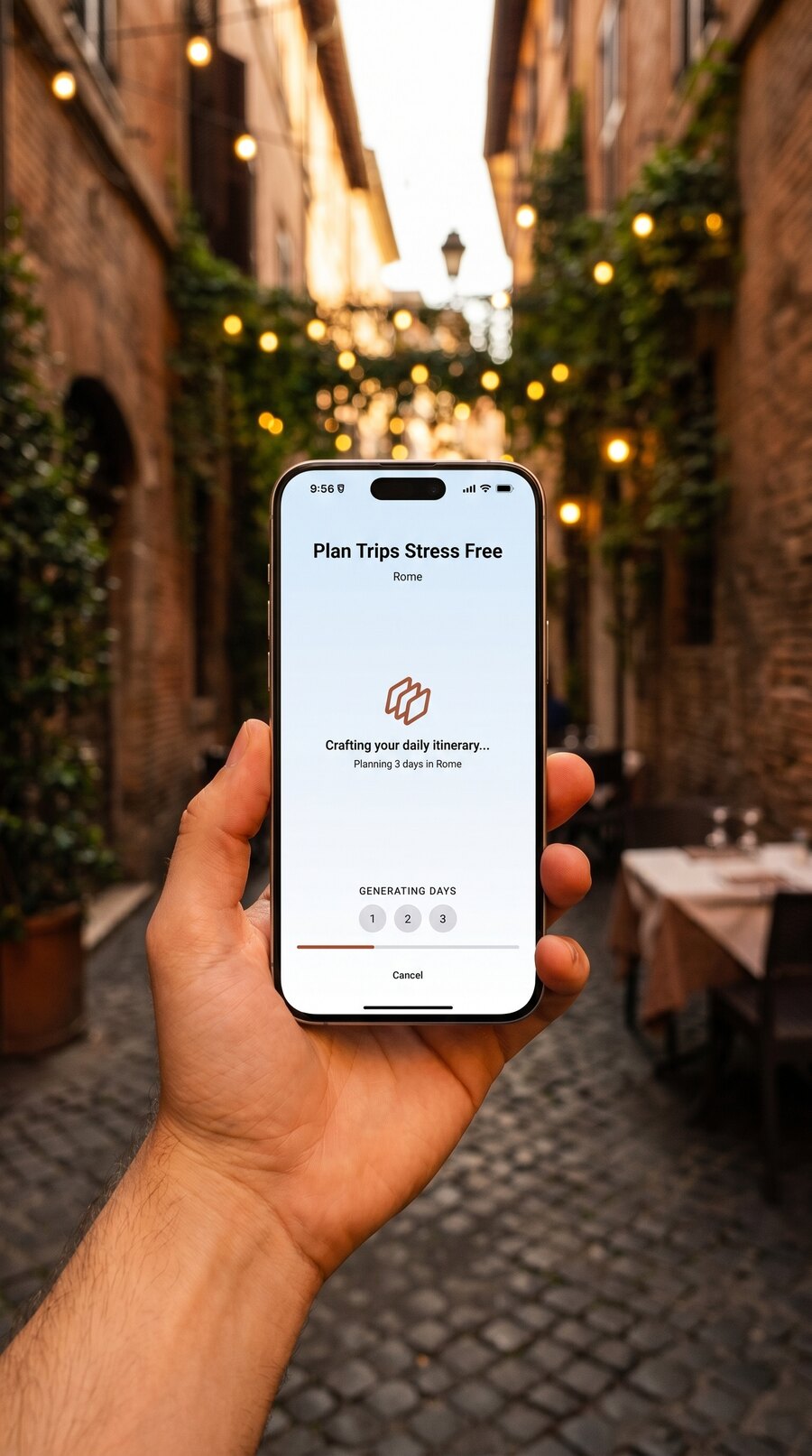Hand holding iPhone with Placeful Trips AI itinerary generation in progress, golden hour city background