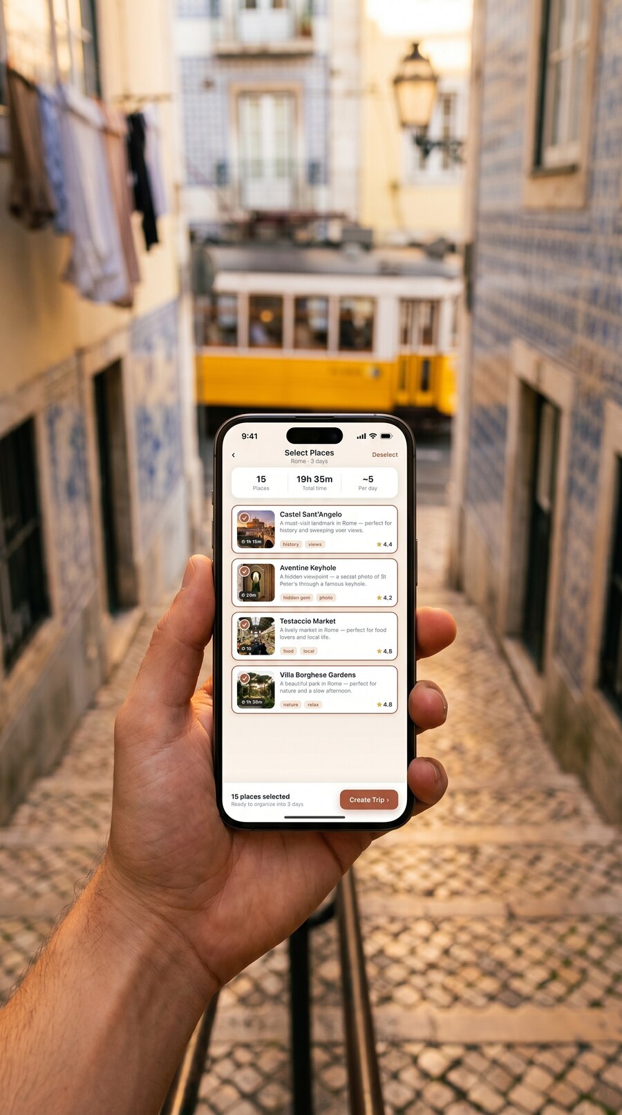 Hand holding iPhone with Placeful Trips Select Places screen, Paris street scene with autumn trees