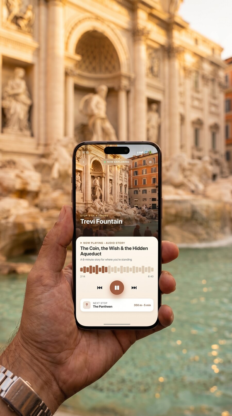 Hand holding iPhone with the Placeful Trips audio guide playing the Trevi Fountain story, standing right in front of the Trevi Fountain in Rome at golden hour