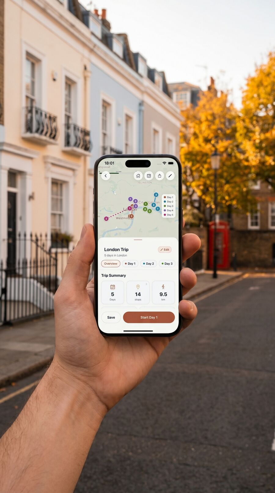 Hand holding iPhone showing Placeful London Trip overview in front of a Notting Hill mews street