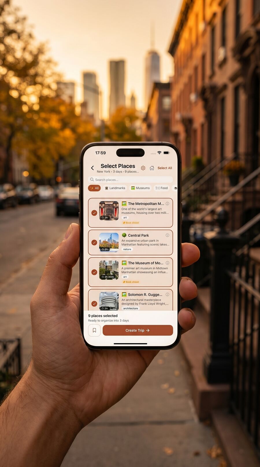 Hand holding iPhone showing Placeful Select Places for New York in front of a Brooklyn brownstone street at golden hour