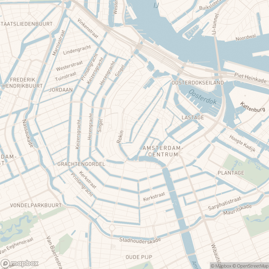 Mapbox warm-dusk map of Amsterdam center showing the Jordaan, Centrum, Plantage and Vondelpark areas with four saved spots marked